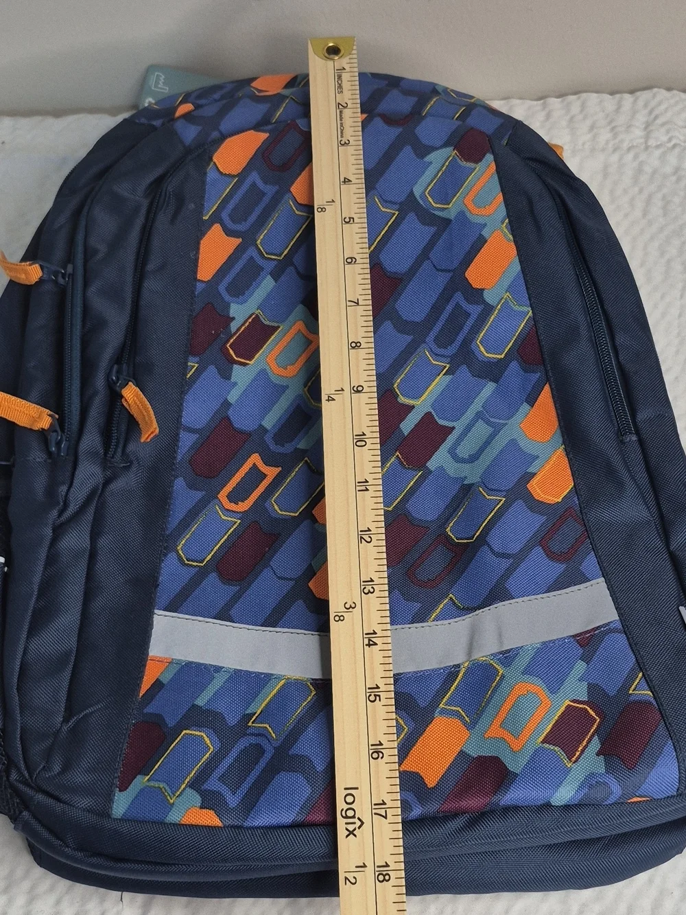 TOPMOVE School Backpack 18in Blue/Orange Geometric Polyester Rain Cover Laptop